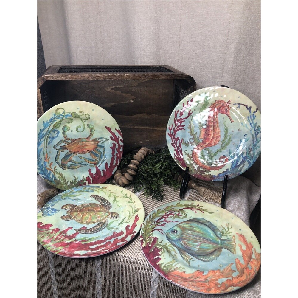 Merritt Melamine 8" Salad Plate Sealife Crab Turtle Fish Seahorse Set of 4